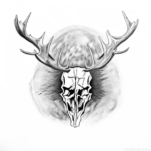 demonic evil devil scary looking moose showing skull skeleton standing in meadow at night with mountain background showi tattoo design idea