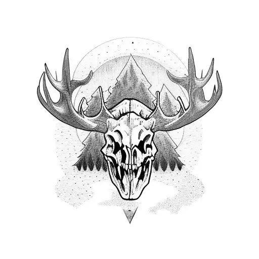 demonic evil devil scary looking moose showing skull skeleton standing in meadow at night with mountain background showi tattoo design idea