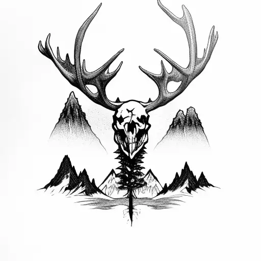 demonic evil devil scary looking moose showing skull skeleton standing in meadow at night with mountain background showi tattoo design idea