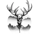 demonic evil devil scary looking moose showing skull skeleton standing in meadow at night with mountain background showi tattoo design idea