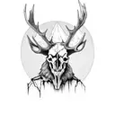 demonic evil devil scary looking moose showing skull skeleton standing in meadow at night with mountain background showi tattoo design idea
