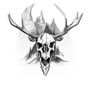 demonic evil devil scary looking moose showing skull skeleton standing in meadow at night with mountain background showi tattoo design idea