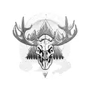 demonic evil devil scary looking moose showing skull skeleton standing in meadow at night with mountain background showi tattoo design idea