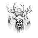 demonic evil devil scary looking moose showing skull skeleton standing in meadow at night with mountain background showi tattoo design idea
