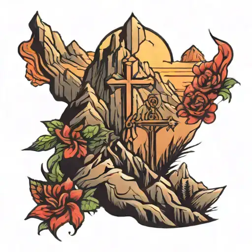 cross and mountains  tattoo design idea