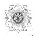 Fine line black and white drawing that incorporates the following flowers: Snow drop Waterlily Hawthorn  And centers aro tattoo design idea