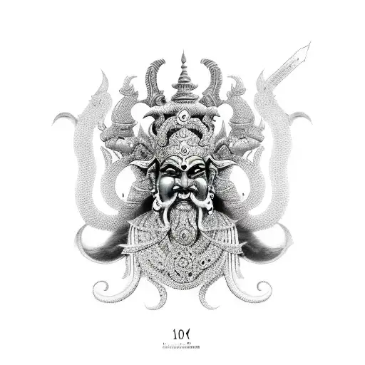 Ravana, Demon king, 10 heads Hindu mythology tattoo design idea