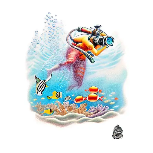 An underwater scene with colorful coral reefs and a diver exploring tattoo design idea