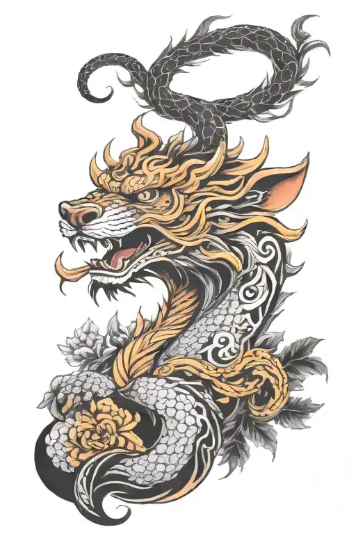 Centerpiece: Nian, the Fearsome Beast  Nian is depicted in vivid detail, exuding power and dominance.  tattoo design idea