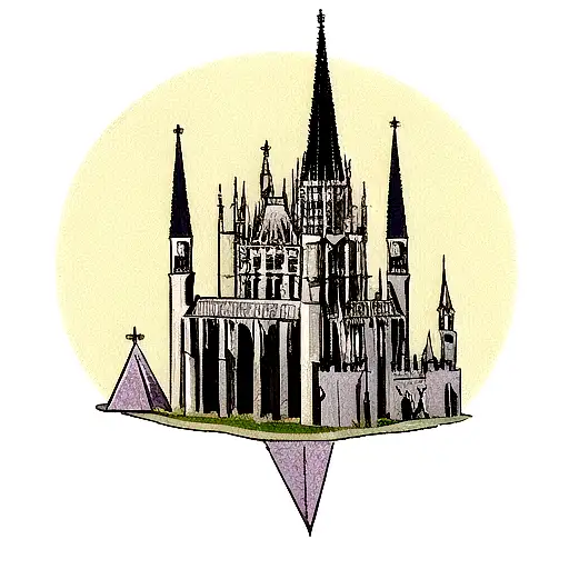 castle like cologne cathedral with bats, gothic, sharp corners, dark, unaccurate tattoo design idea