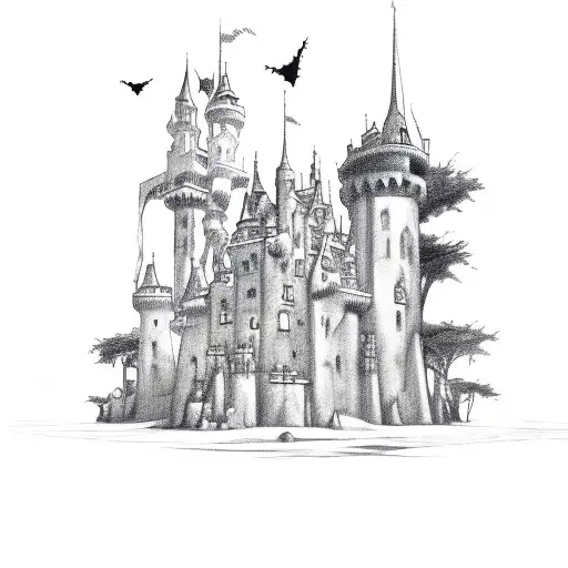 castle with bats, gothic, sharp corners, dark, unaccurate tattoo design idea