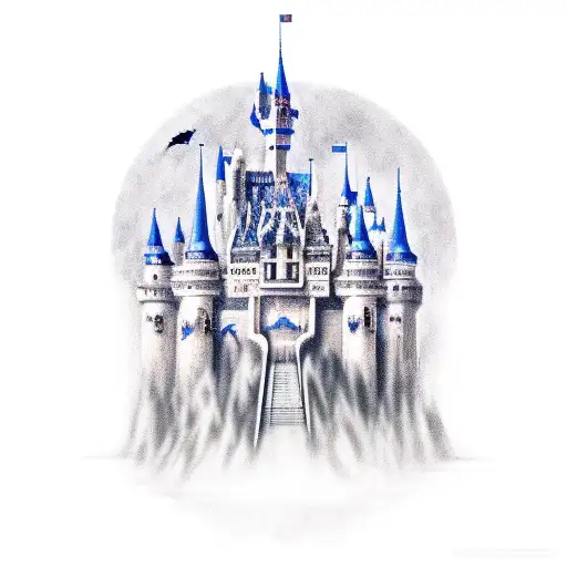 castle with bats, gothic, sharp corners, dark, unaccurate tattoo design idea