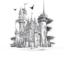 castle with bats, gothic, sharp corners, dark, unaccurate tattoo design idea