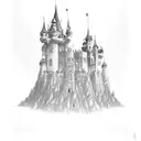 castle with bats, gothic, sharp corners, dark, unaccurate tattoo design idea