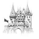 castle with bats, gothic, sharp corners, dark, unaccurate tattoo design idea