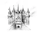 castle with bats, gothic, sharp corners, dark, unaccurate tattoo design idea