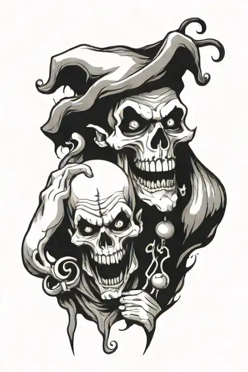 creepy jester with earrings, skulls and smoke coming tattoo design idea