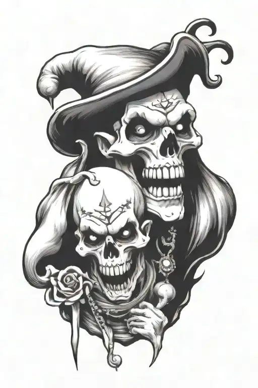 creepy jester with earrings, skulls and smoke coming tattoo design idea