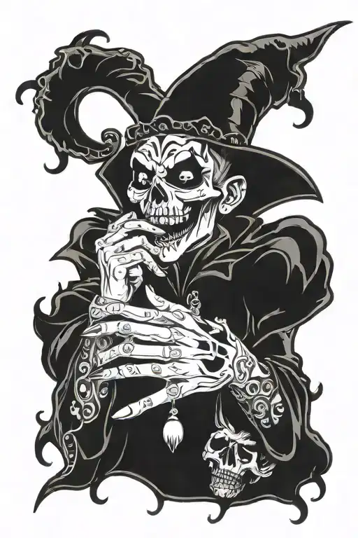 Hand size Creepy Jester design with smoke and skulls surrounded tattoo design idea