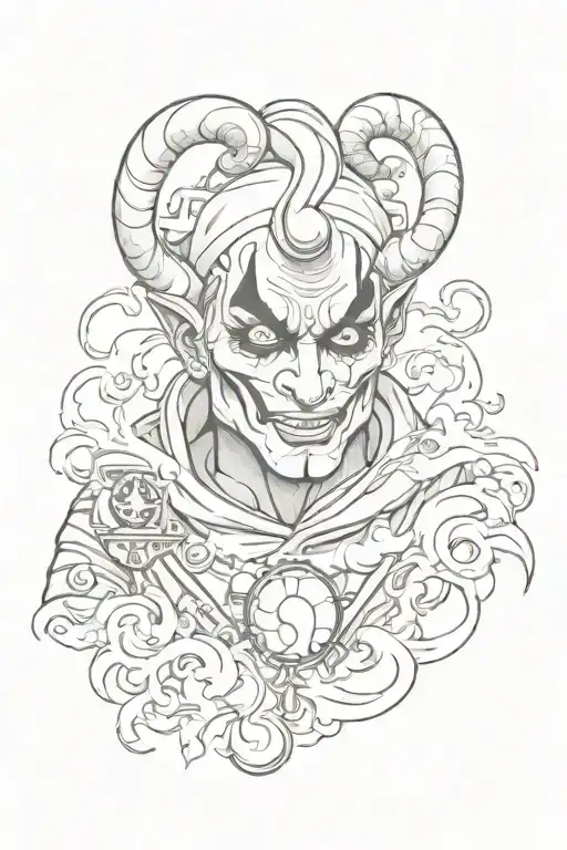 Jester with smoke swirling and one of the eyes is the 8 ball prison style  tattoo design idea