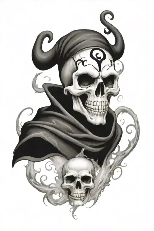 Jester skull with smoke swirling and one of the eyes is the 8 ball prison style  tattoo design idea