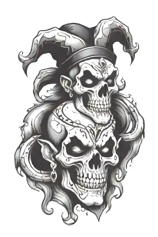 creepy jester with earrings, skulls and smoke coming tattoo design idea