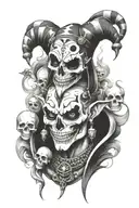 creepy jester with earrings, skulls and smoke coming tattoo design idea