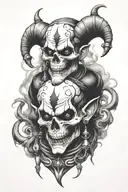 creepy jester with earrings, skulls and smoke coming tattoo design idea