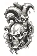 creepy jester with earrings, skulls and smoke coming tattoo design idea