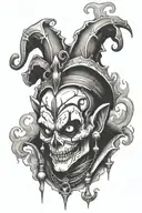 creepy jester with earrings, skulls and smoke coming tattoo design idea
