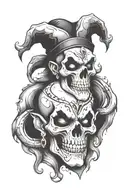 creepy jester with earrings, skulls and smoke coming tattoo design idea