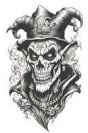 creepy jester with earrings, skulls and smoke coming tattoo design idea