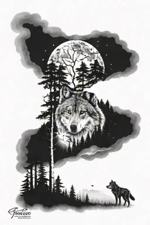 Half and half leg sleeve tattoo, one half of the tattoo is a wolf in a forest under a moon that merges from forest trees tattoo design idea