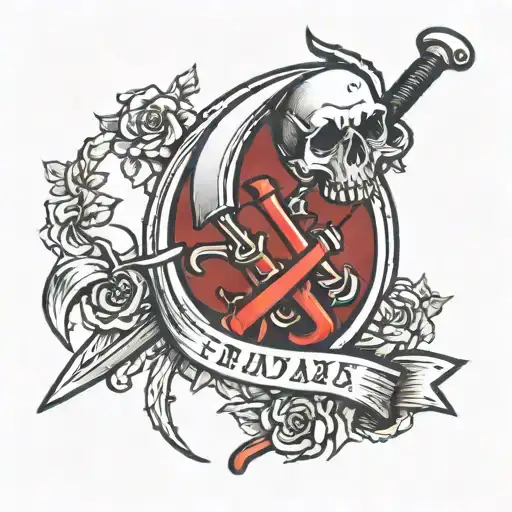 Small Tattoo without background Death with a scythe in Gothic style with the inscription Friday the 13th tattoo design idea