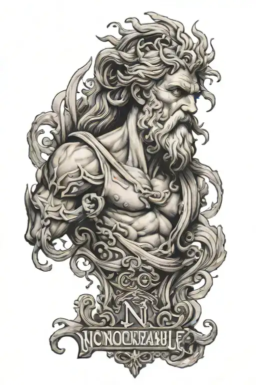 tattoo with the word "unconquerable" in ancient greek. Zeus in the middle and greek styled filling tattoo design idea