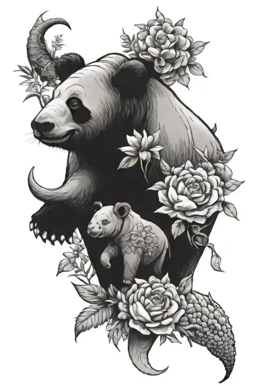 panda elephant rhino lioness and flowers growing tattoo design idea
