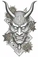 hannya mask inside shinto gate which is inside reversed pentagram  tattoo design idea