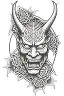 hannya mask inside shinto gate which is inside reversed pentagram  tattoo design idea
