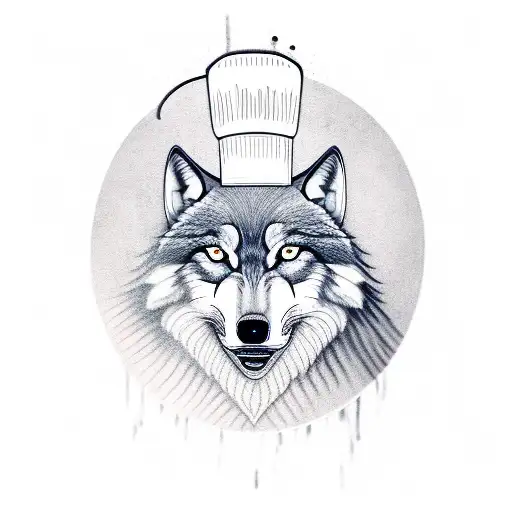 A realistic portrait of a wolf wearing a chef's hat and holding a spatula tattoo design idea
