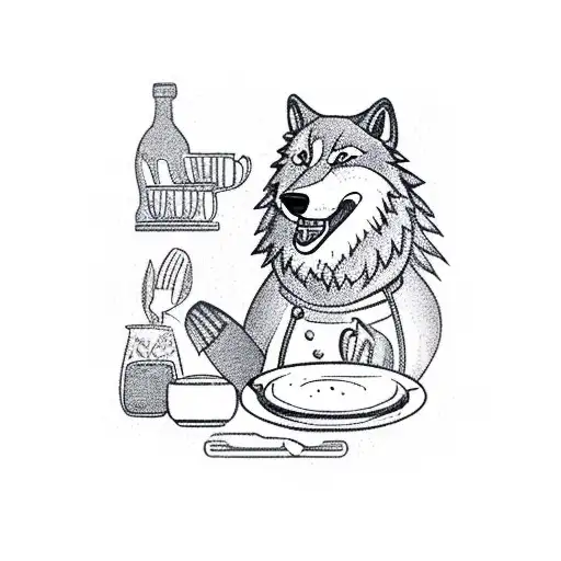 A wolf chef cooking a gourmet meal in a kitchen filled with culinary tools and ingredients tattoo design idea