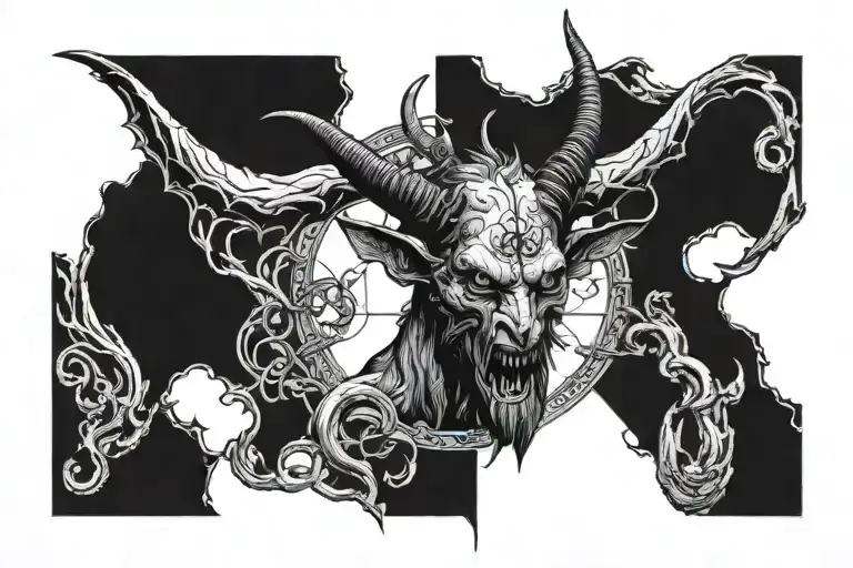 Decaying Devil Baphomet at a meeting with freemasons in a masonic lodge tattoo design idea