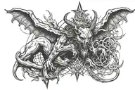 Decaying Devil Baphomet at a meeting with freemasons in a masonic lodge tattoo design idea