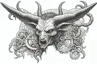 Decaying Devil Baphomet at a meeting with freemasons in a masonic lodge tattoo design idea