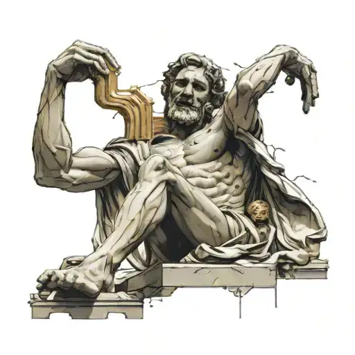 A bit broken upper body of a man statue without arms and head,gaps filled with gold, with ancient Roman elements around tattoo design idea