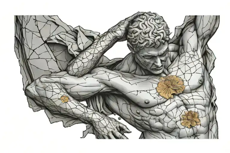 Lightly fractured upper body of a man statue,no arms, no head,repaired with kintsugi,with ancient Roman elements around tattoo design idea