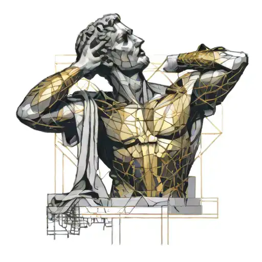 A bit broken upper body of a man statue without arms and head,gaps filled with gold, with ancient Roman elements around tattoo design idea