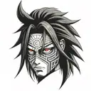 Uchiha Madara face with sharingan eyes from side profile realistic portrait tattoo design idea