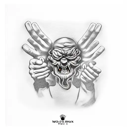 devil hands holding a rolex sourounded by money tattoo design idea