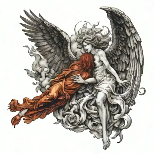 phoenix and female angel falling tattoo design idea