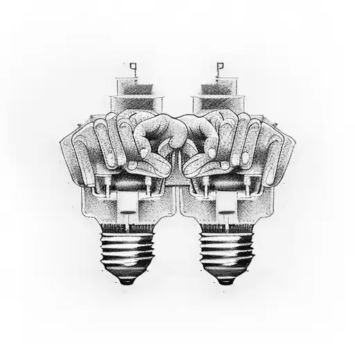Car mechanic's hand holding a 3D printed LED light bulb tattoo design idea